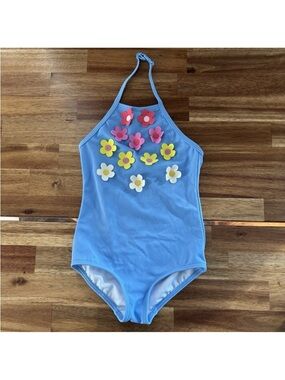 Mini Boden Light Blue Halter One-Piece Swimsuit with Daisy Appliqués
